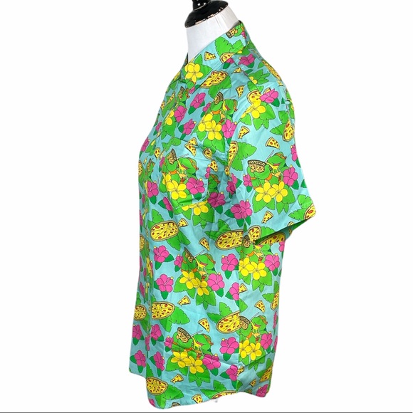 Teenage Mutant Ninja Turtle Pizza and Flowers Button Down Shirt, Blue Small - Picture 4 of 10